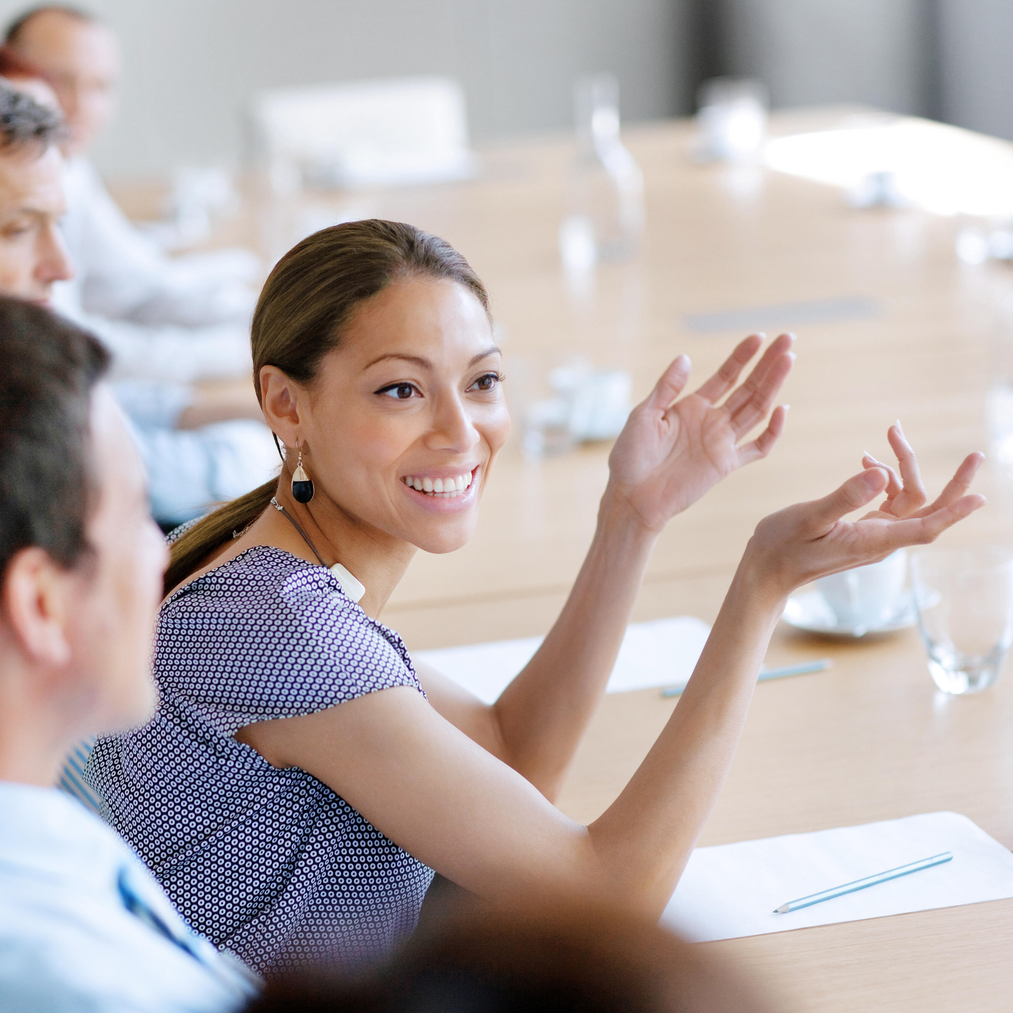 Business women and men at a conference table talking