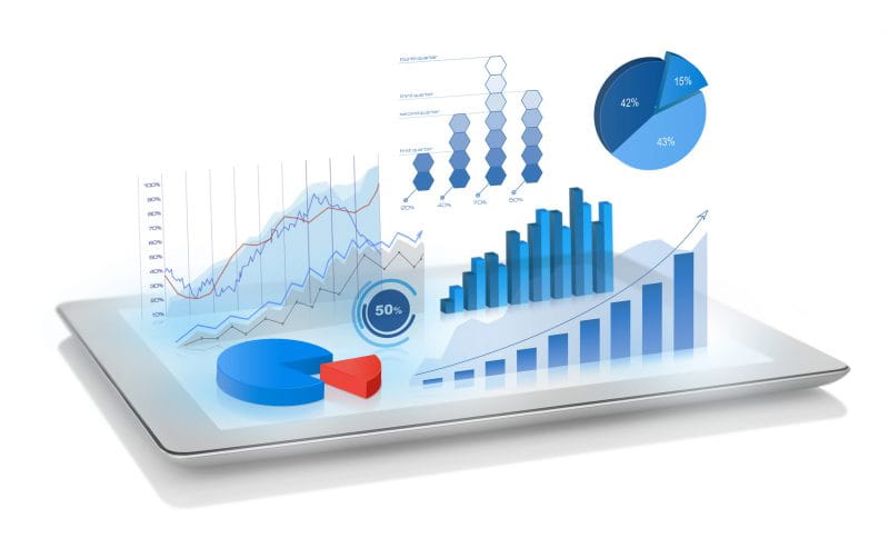 data and graphics floating above tablet